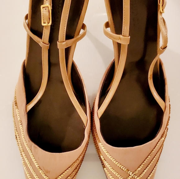 ALFIO CECCONI GOLD SEQUIN & SILK GOLDEN HEEL SLINGBACK KITTEN HEEL SZ 8M - Picture 13 of 16